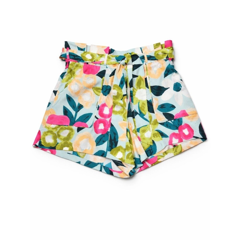 TCEC Bold Colorful Floral Print Belted Zip Front Paperbag Waist Boho Shorts